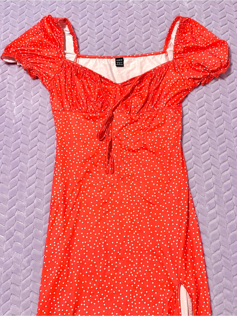 SHEIN Red Polka Dot Puff-Sleeve Midi Dress